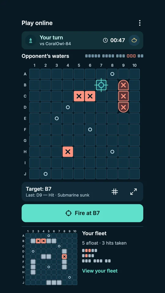 Battle preview with target B7 selected, marked hits and misses, a sunk submarine, and a view of your own fleet.