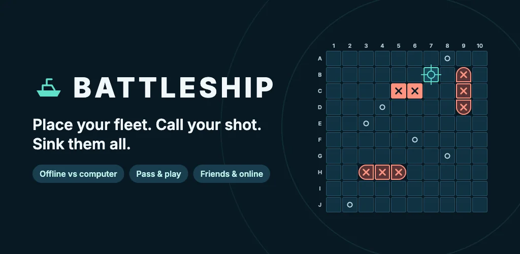 Battleship: place your fleet, call your shot, and sink them all. Offline computer play, pass-and-play, and online modes.
