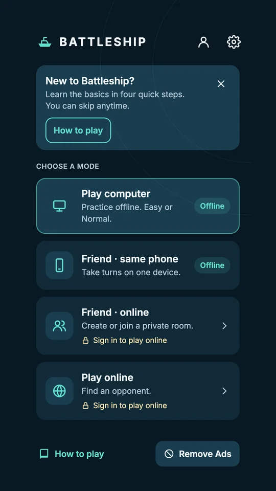 Battleship home preview with computer, same-phone, private friend, and public online modes.