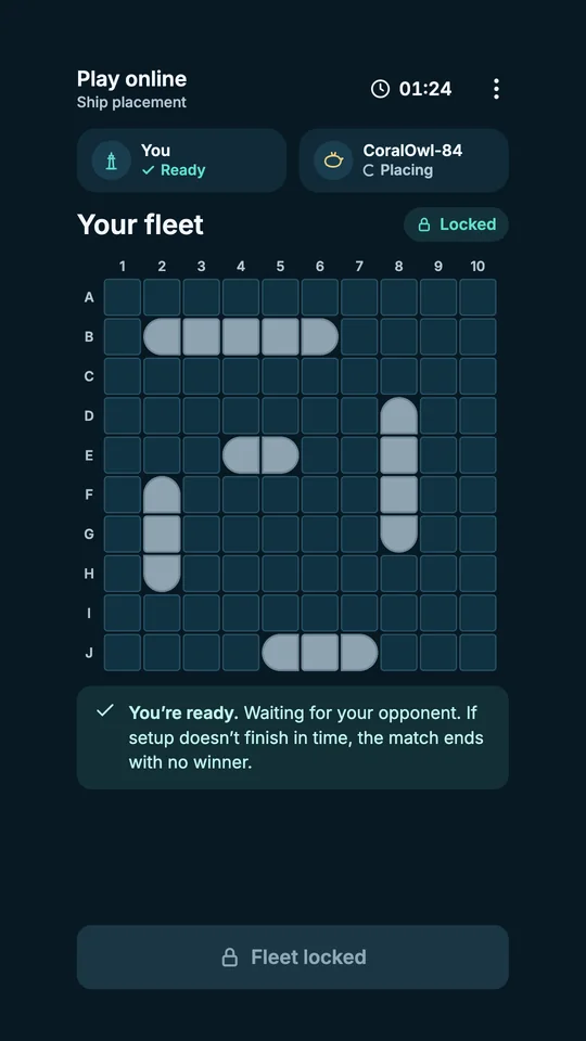 Ship placement preview: five ships are locked on the board while the opponent finishes placing.