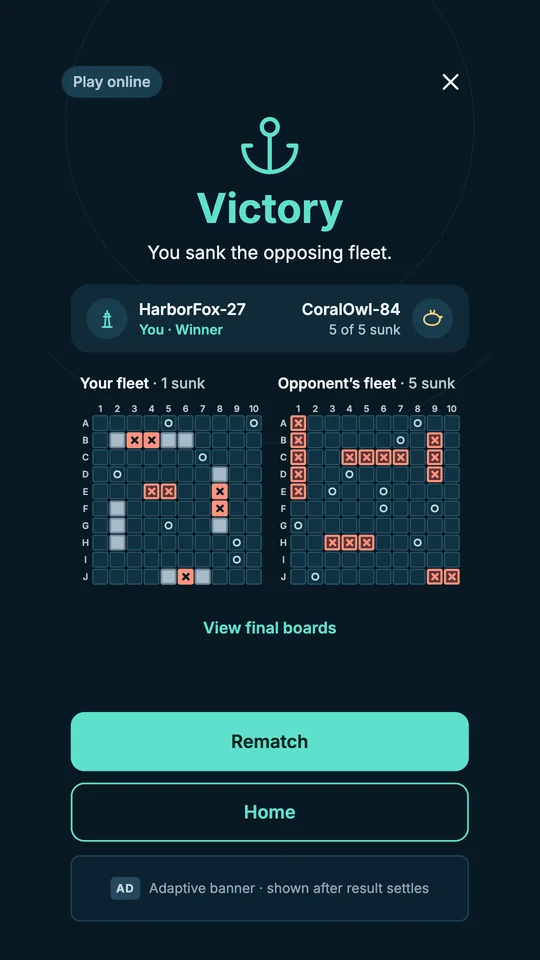 Victory preview showing both final fleets, a rematch action, and a return to Home.