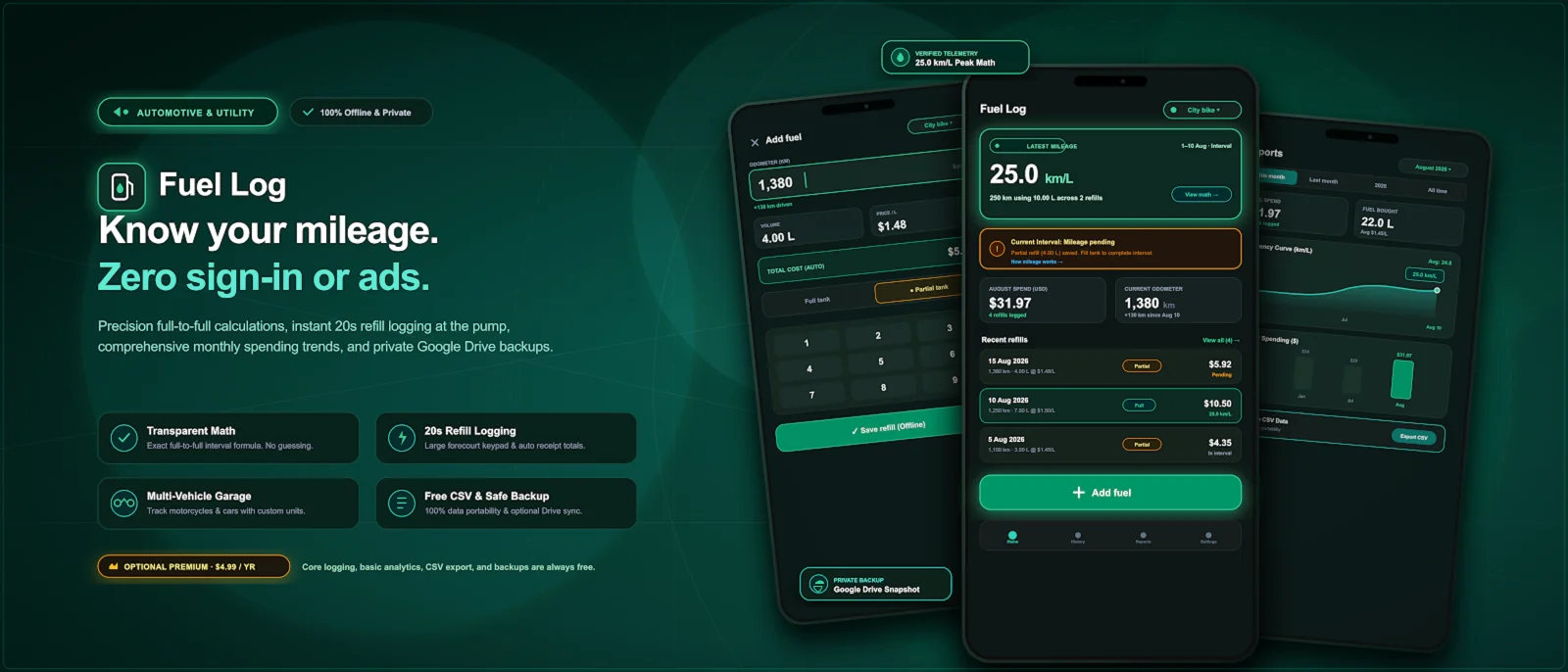 Fuellin overview with fuel logging, mileage, and spending reports.
