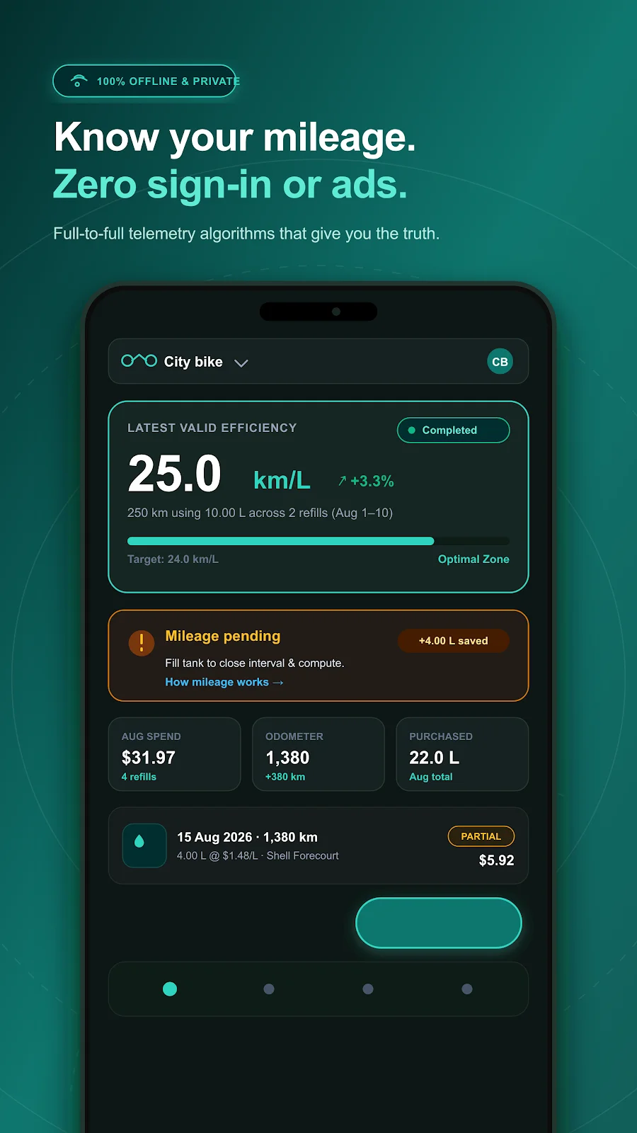 Mileage dashboard with full-to-full efficiency and recent refills.