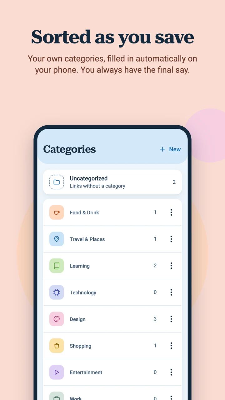 Sorted as you save: custom categories show link counts for food, travel, learning, technology, design, and shopping.