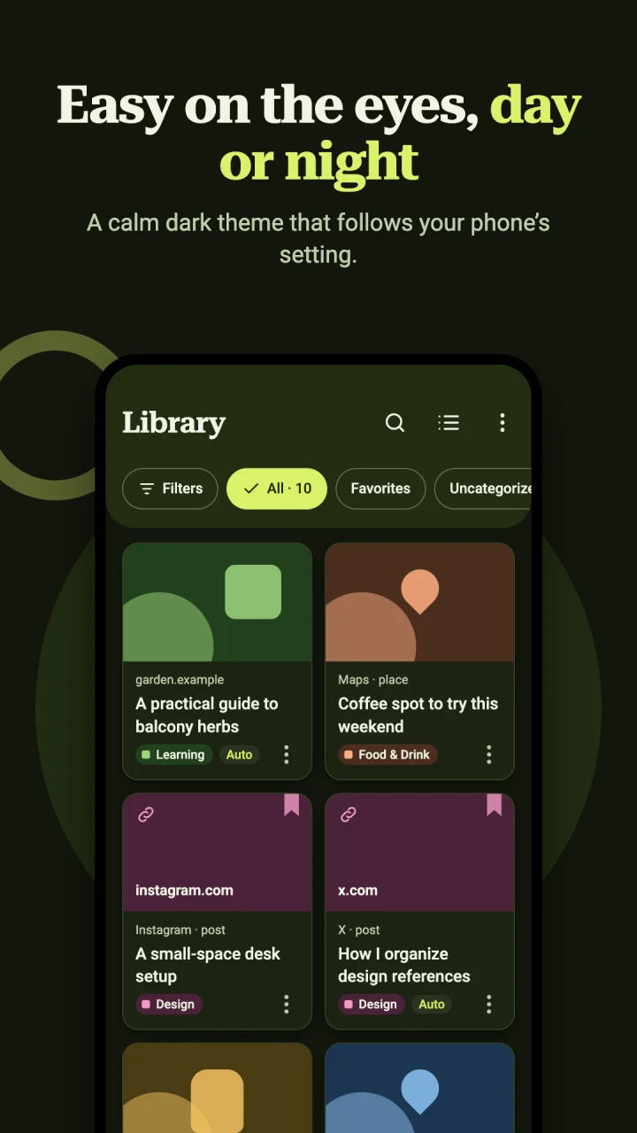 Easy on the eyes, day or night: the Keepsprig library in its dark theme with colorful saved-link cards.