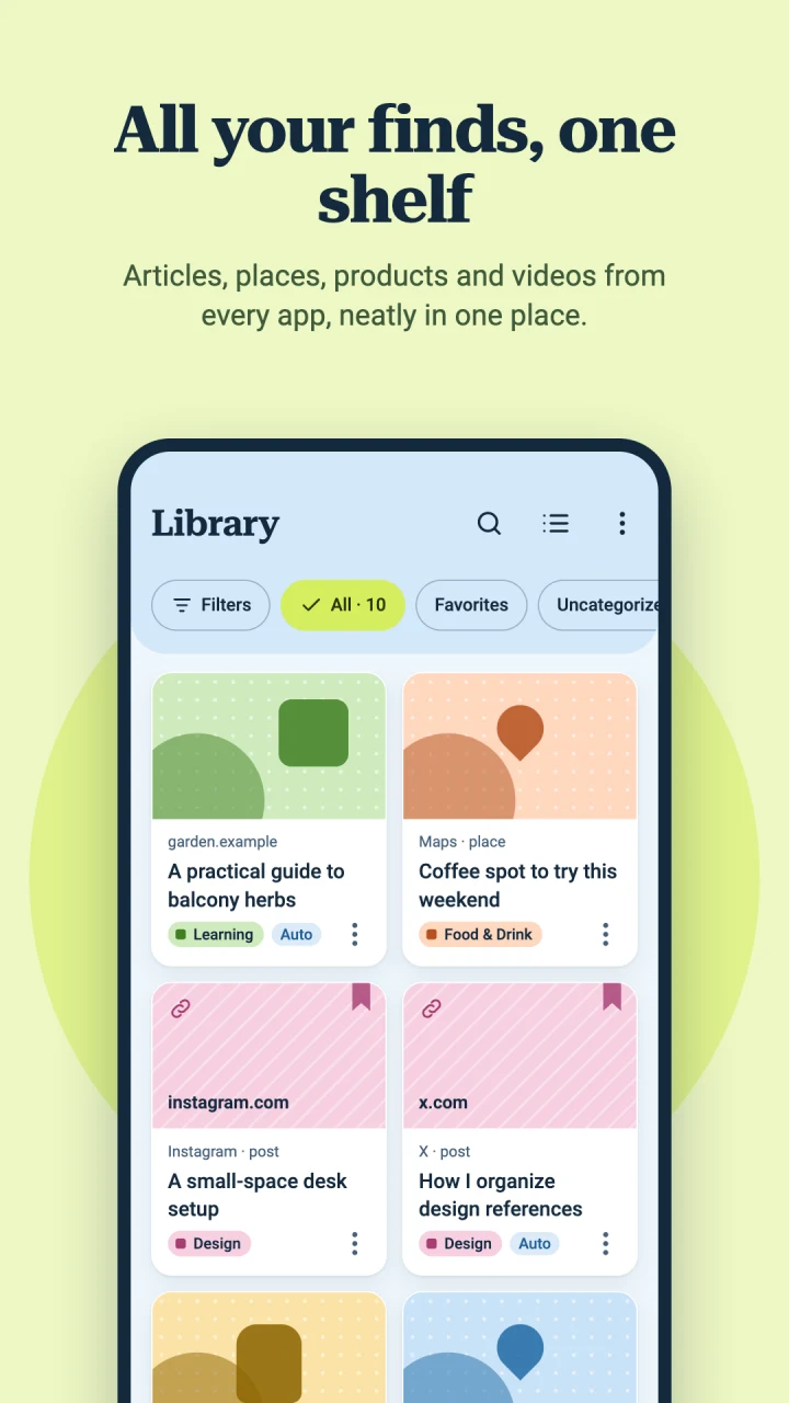 All your finds, one shelf: the light library displays saved articles, places, and social posts with category labels.