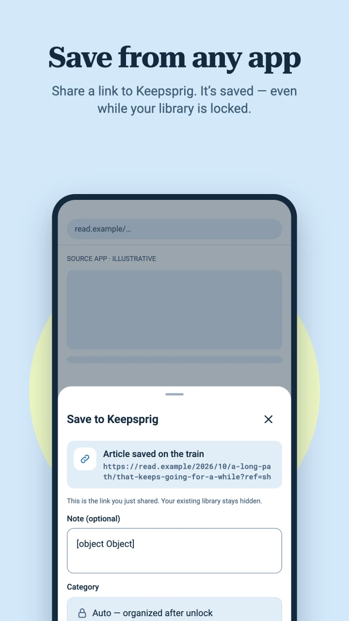 Save from any app: the Keepsprig share sheet captures a link while the existing library stays hidden.