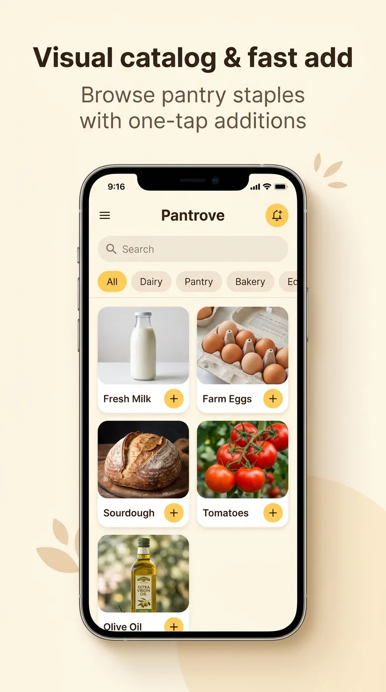 Visual grocery catalog with search, categories, and quick-add buttons.