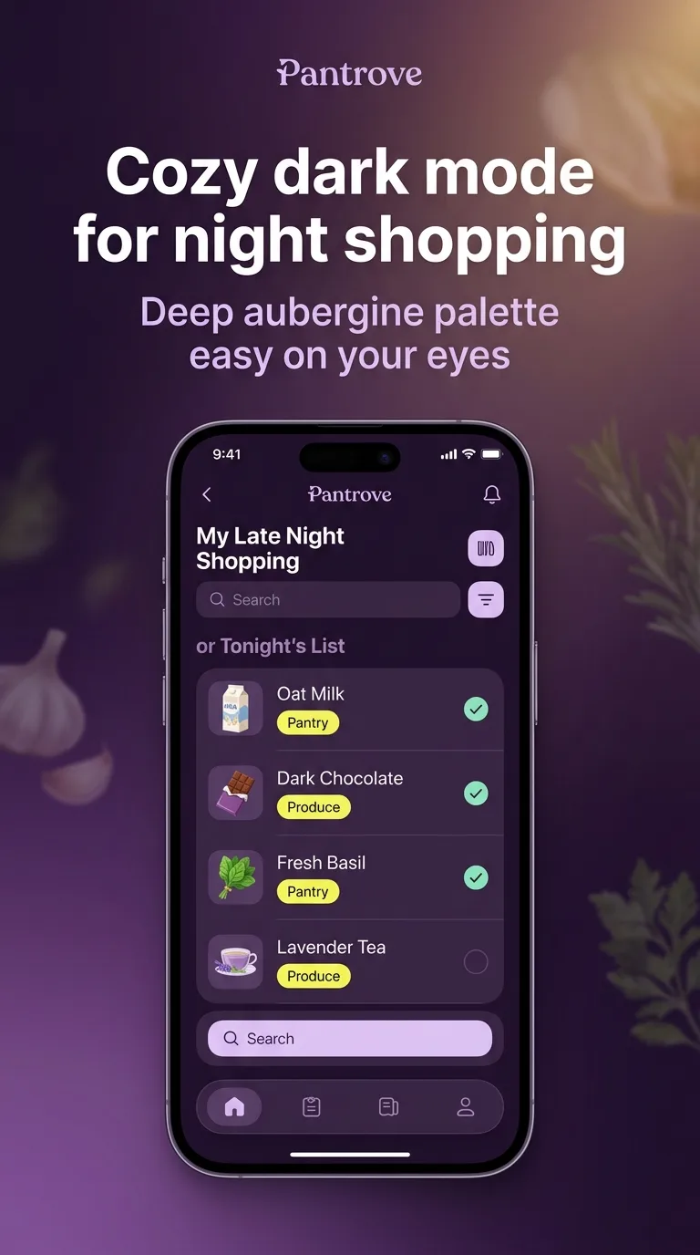 Grocery list with categorized items in the dark theme.