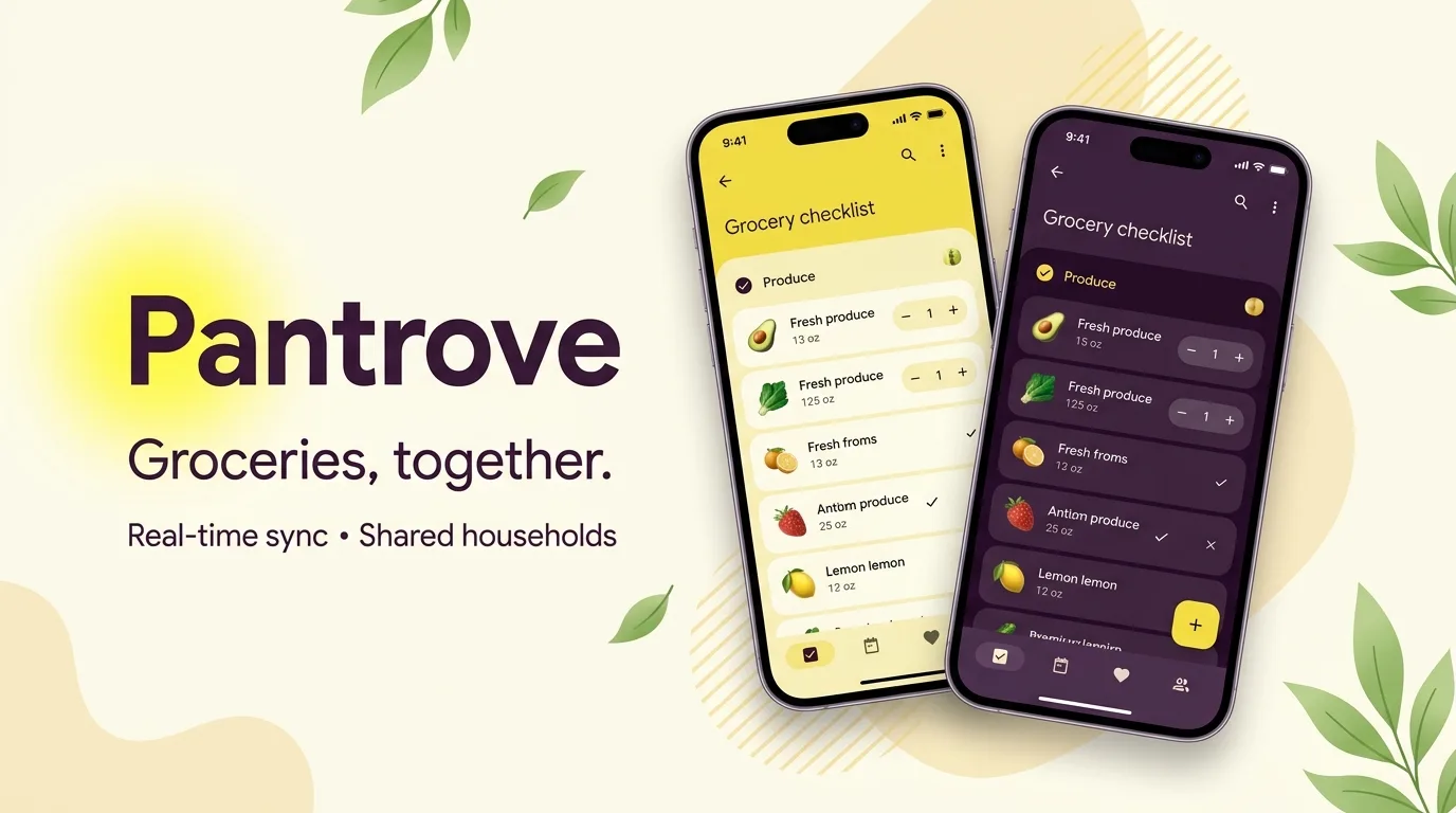 Pantrove shared grocery lists in light and dark themes.
