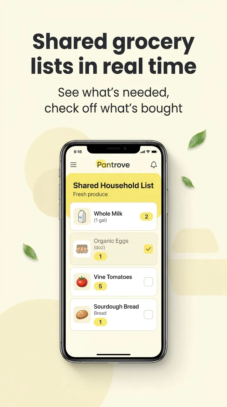 Shared household grocery list with quantities and purchased items.