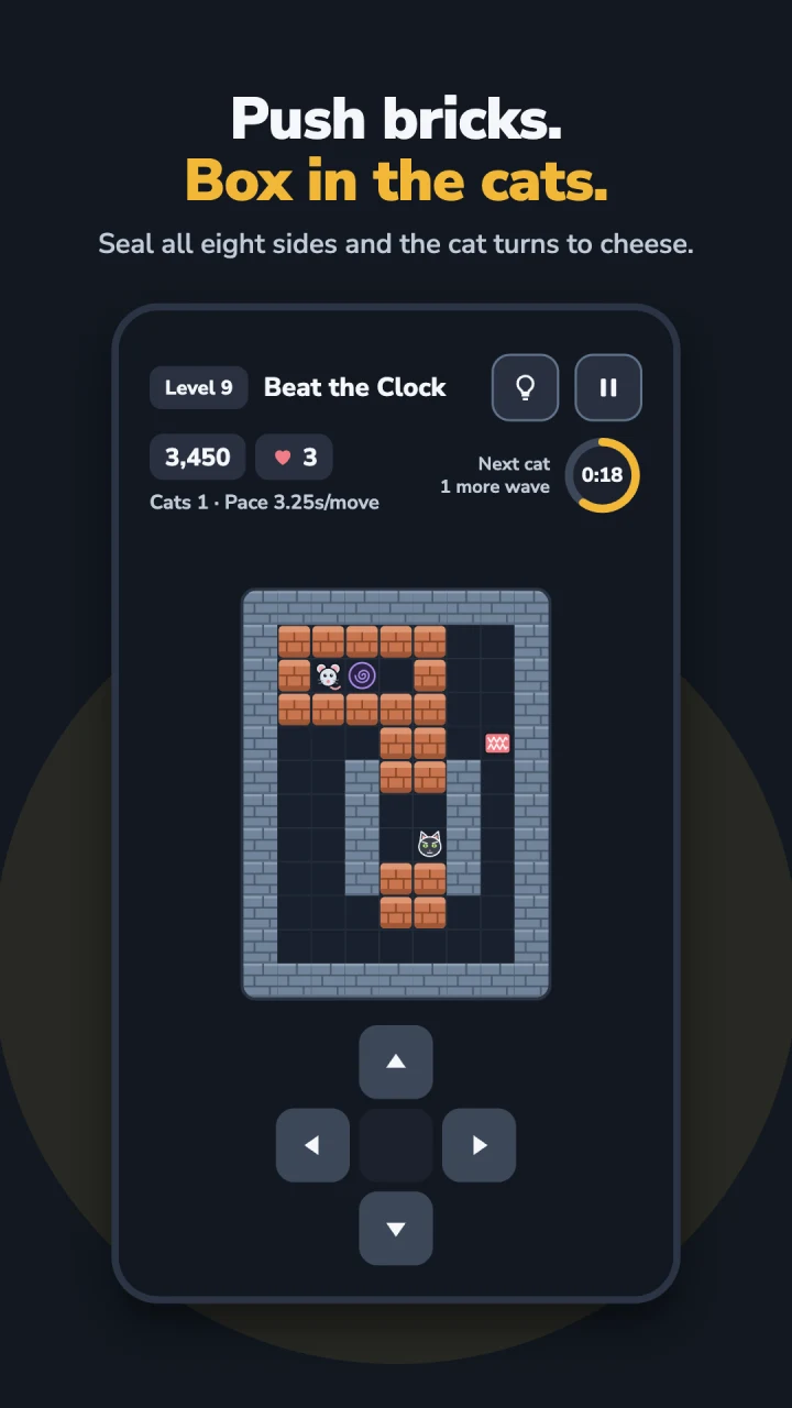 Push bricks. Box in the cats: level 9, Beat the Clock, with a wave countdown and directional controls.