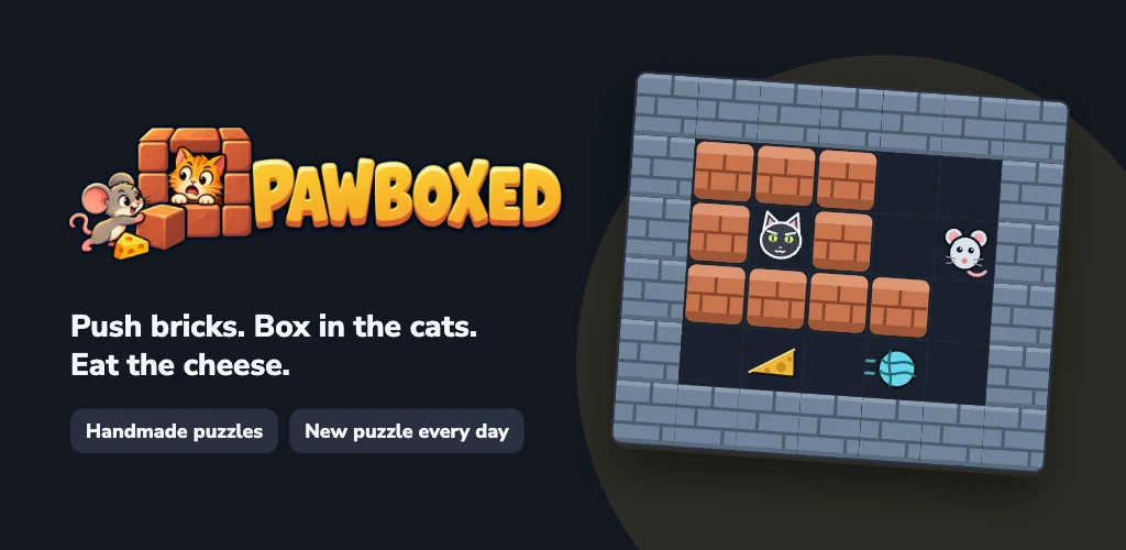 Pawboxed: push bricks, box in the cats, and eat the cheese, with handmade puzzles and a new daily puzzle.