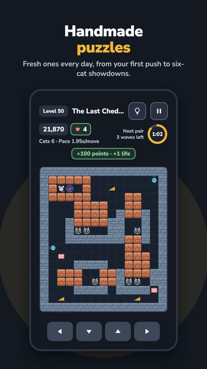 Handmade puzzles: the six-cat level 50 board with hazards, cheese, and incoming waves.