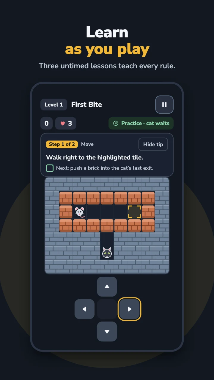 Learn as you play: the untimed First Bite lesson highlights the next tile while the cat waits.