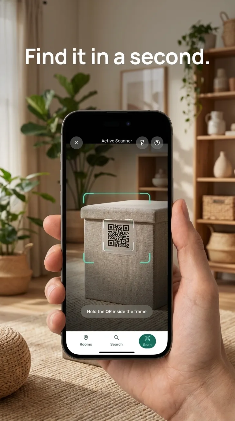 Scan a QR label to find the contents of a storage box.
