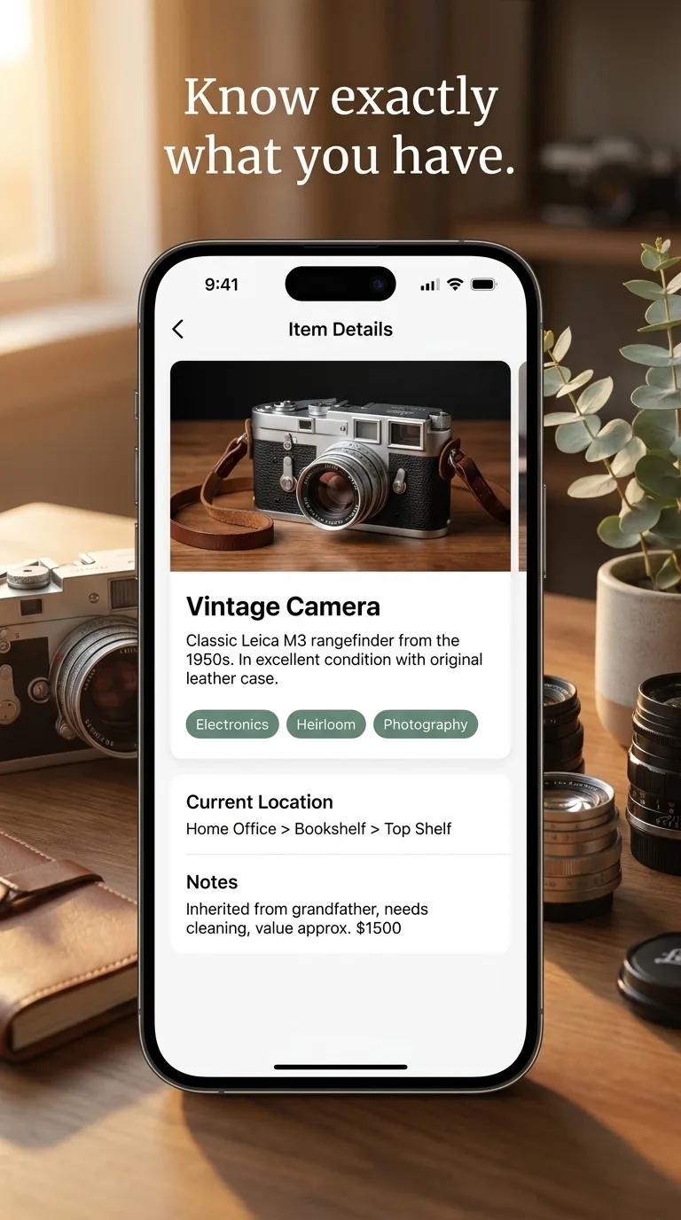 Item details with a photo, tags, current location, and notes.