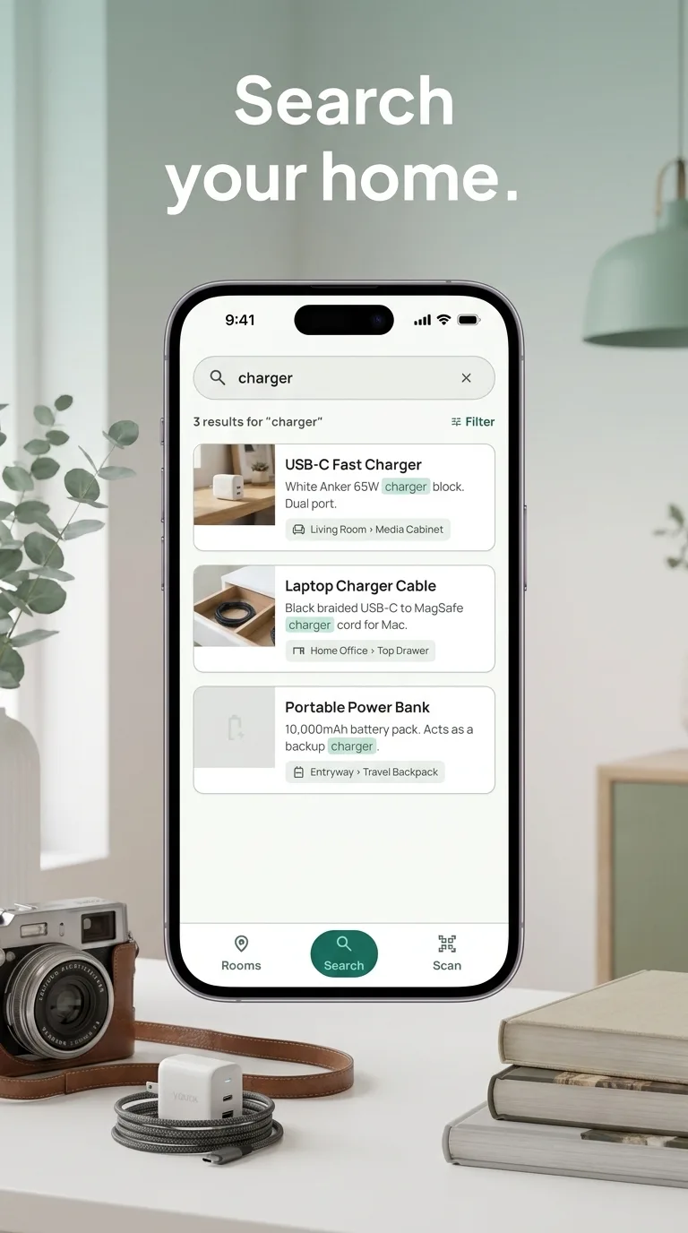 Search belongings and see their room and box locations.