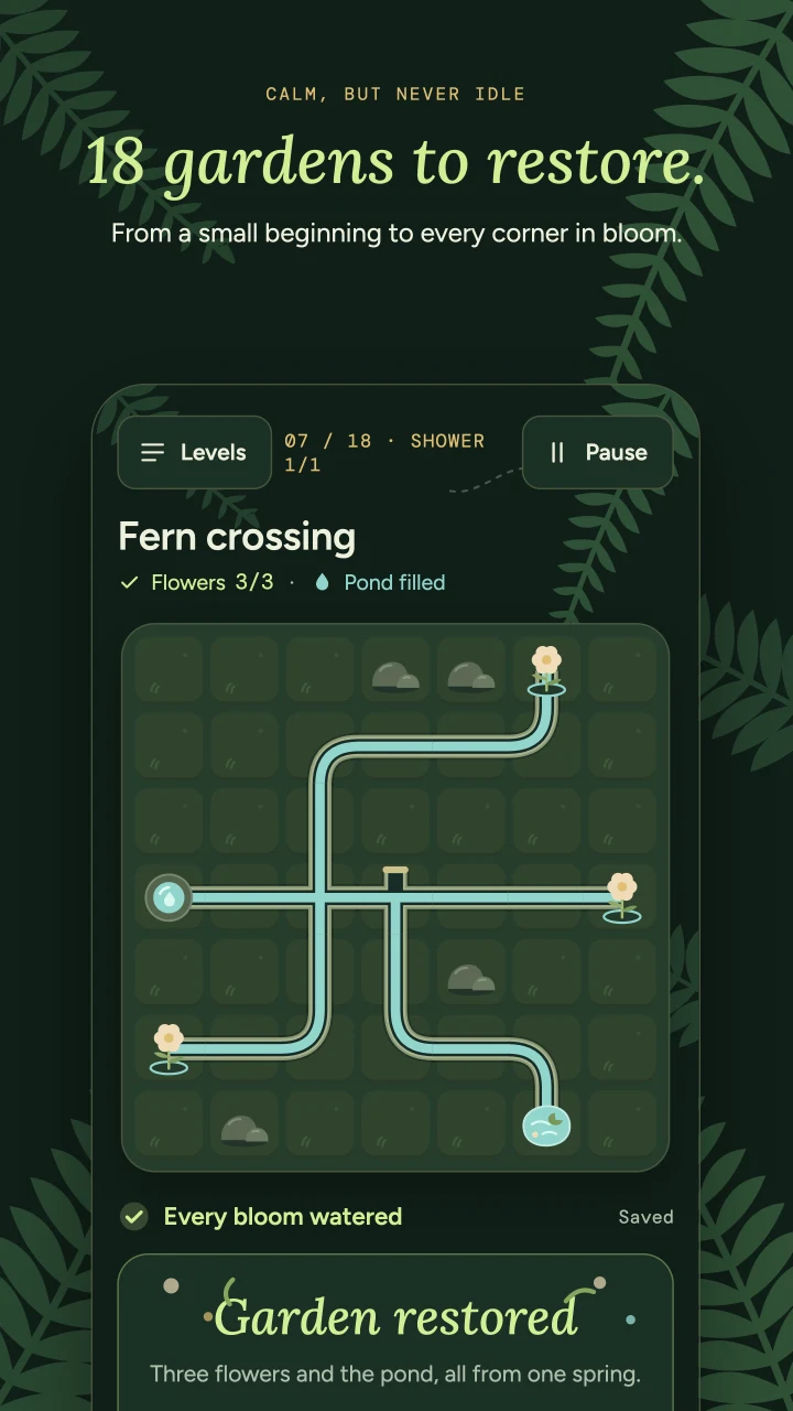 18 gardens to restore: Fern crossing completed with all three flowers watered and the pond filled.