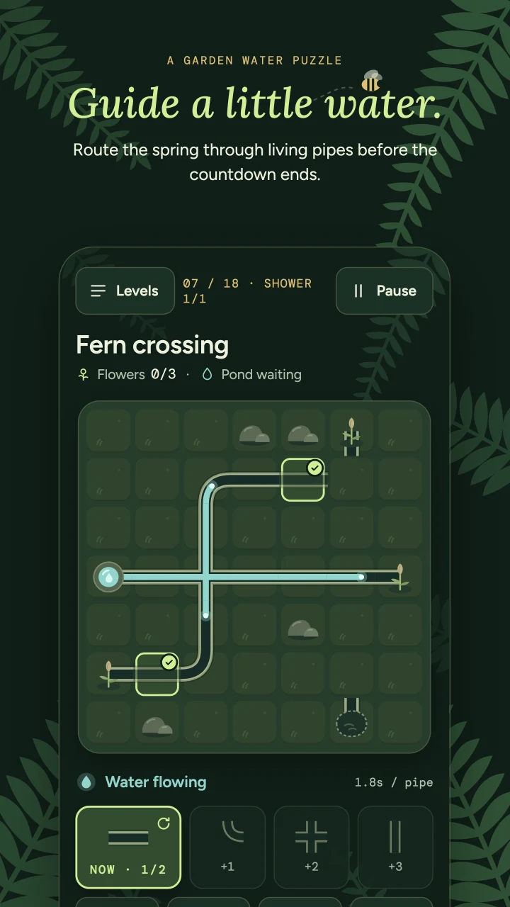 Guide a little water: route the spring through living pipes before the countdown ends.