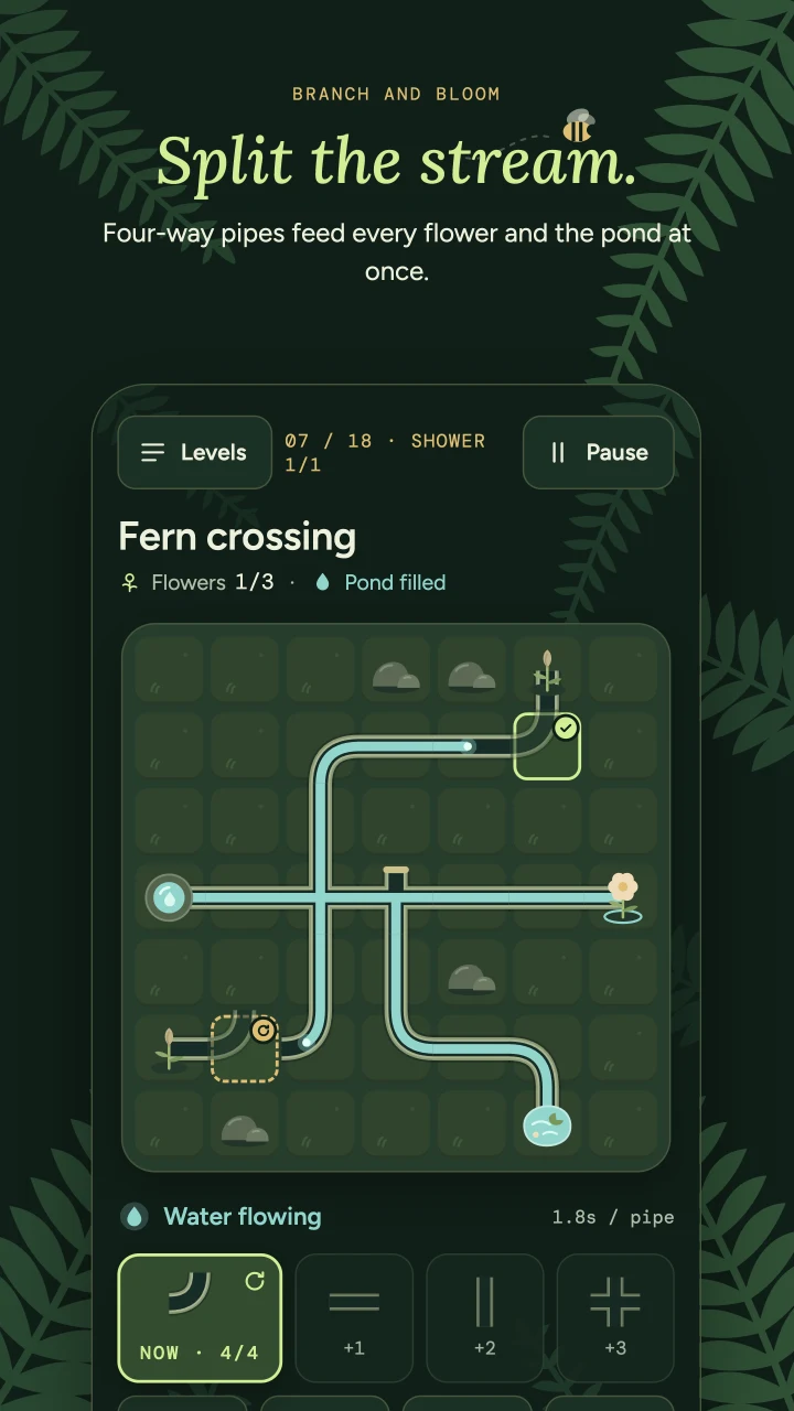 Split the stream: four-way pipes branch toward flowers and the pond in Fern crossing.