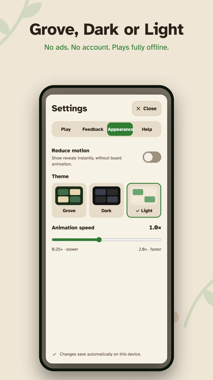 Grove, Dark or Light: appearance settings with themes, reduced motion, and animation speed.