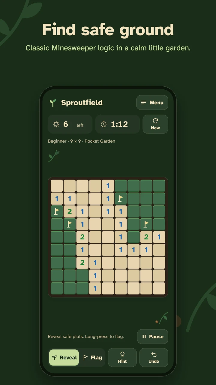 Find safe ground: a beginner garden with revealed numbers and flags marking hidden brambles.