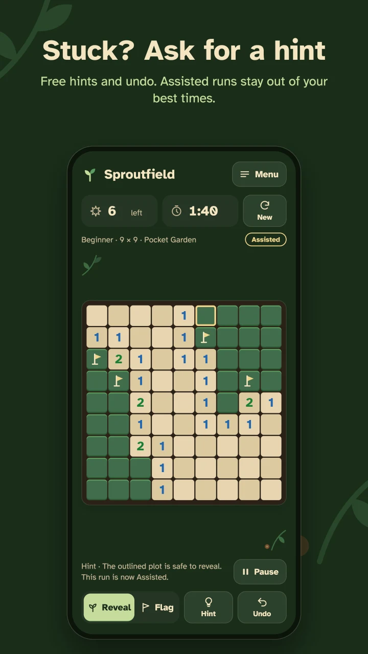 Stuck? Ask for a hint: a safe plot is outlined and the run is marked Assisted.
