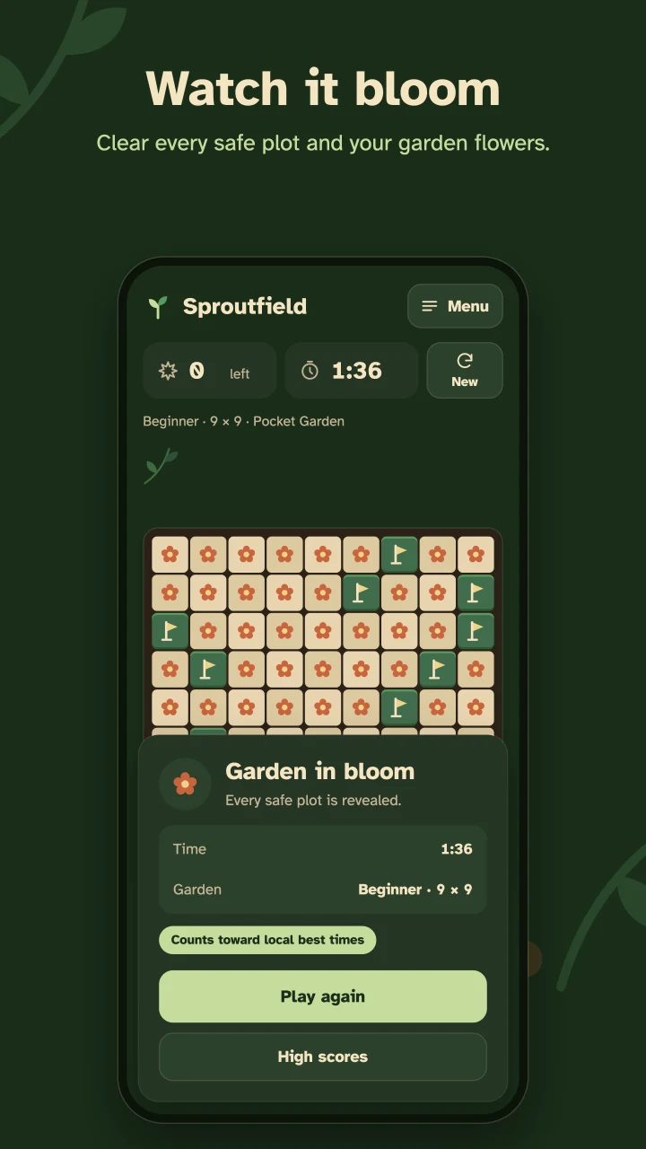 Watch it bloom: a completed garden flowers and shows a result counting toward local best times.